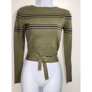 ZARA Knit Wrap Crop Sweater Olive Green Striped Tie Waist S Y2K